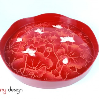 Red round lacquer tray hand-painted with lotus pond 33 cm